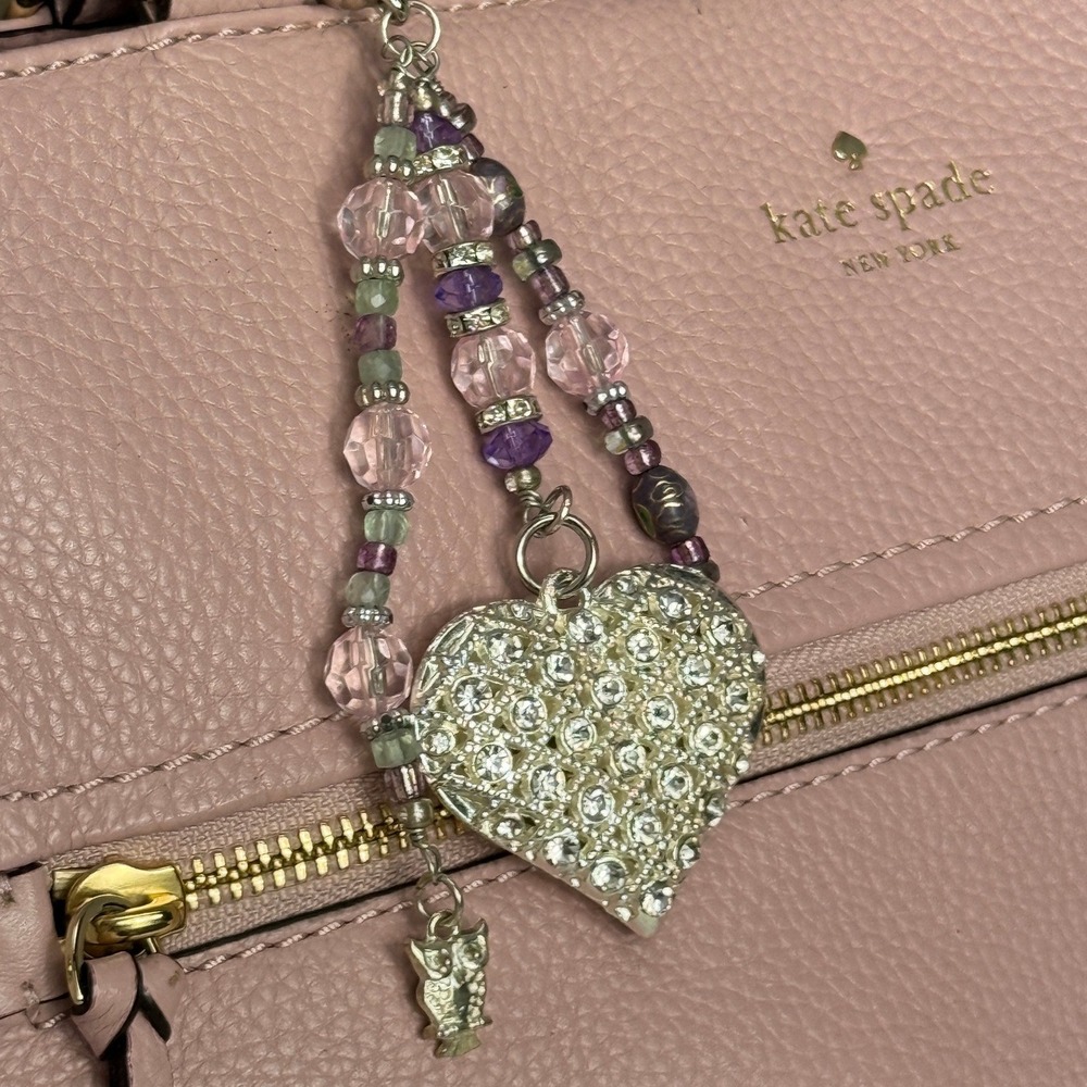 Handmade Beaded Bag Charm Rhinestone Heart Owl Pink Purple Silver